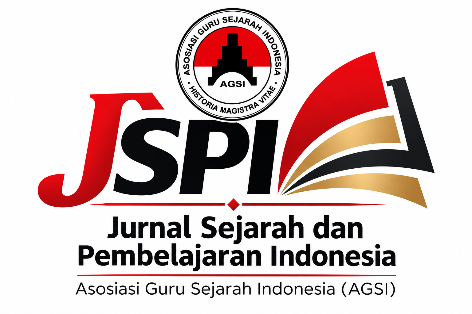 Banner Jurnal Sejarah dan Pembelajaran Indonesia (JSPI), diterbitkan oleh Asosiasi Guru Sejarah Indonesia (AGSI), menampilkan identitas jurnal ilmiah dengan unsur sejarah Indonesia, buku sebagai simbol pendidikan, serta warna merah, putih, hitam, dan emas.